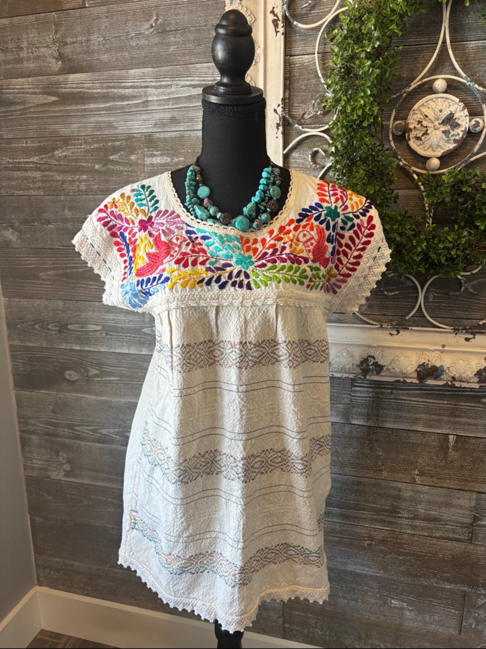 Handmade Embroidered Mexican-Style Peasant Top - Multicolor Floral Bird Yoke